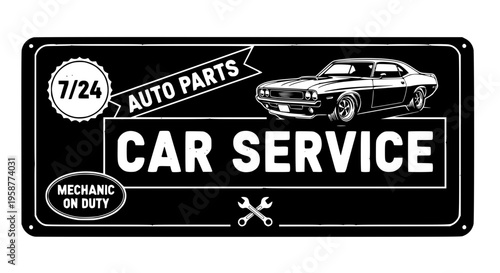 Vintage car service and gas station sign. Gas station for car, monochrome banner illustration. Transparent background SVG version.
