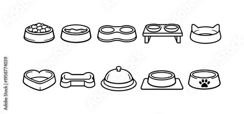 Collection of various pet bowls and feeding accessories in a simple line art style