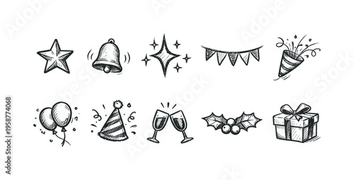 Hand-drawn festive icons for celebrations and holidays like Christmas and New Year's Eve