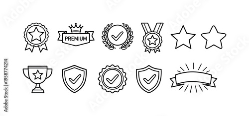 Collection of award and recognition icons including medals, stars, and shields