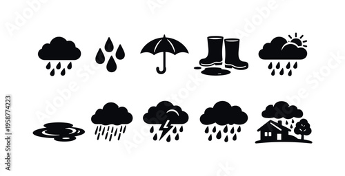 Collection of weather icons depicting rain, storms, and protection from precipitation