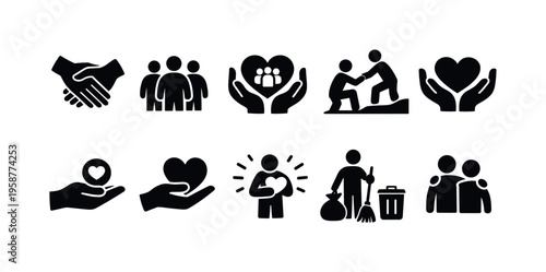 Collection of icons representing community support, teamwork, and charitable acts