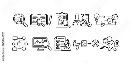 Collection of icons representing research, analysis, and problem-solving processes
