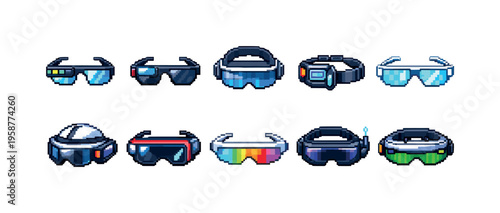 Collection of pixel art futuristic and retro VR headsets and glasses