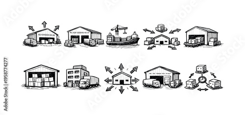 Hand-drawn logistics and supply chain icons showing warehouses, trucks, and shipping