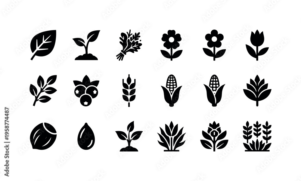 Fototapeta premium Collection of agricultural and botanical icons representing plants and produce