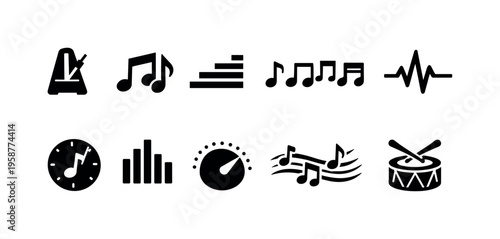 Collection of musical icons representing rhythm, tempo, and sound elements