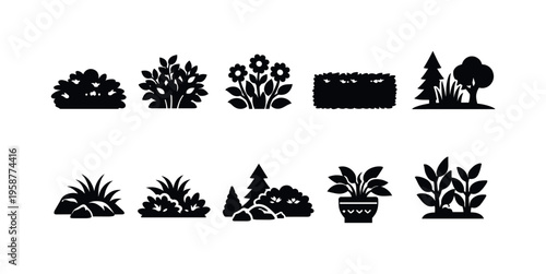 Collection of silhouette icons representing various plants and garden elements