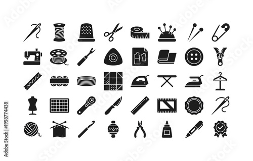 Collection of sewing and tailoring tools and supplies for crafting and dressmaking