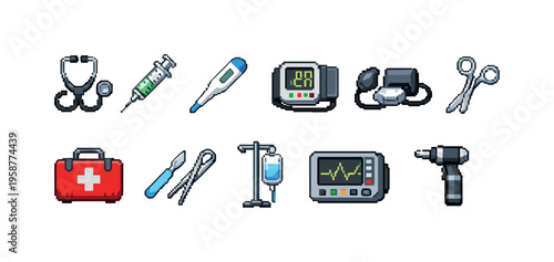 Pixel art collection of medical instruments and equipment for healthcare
