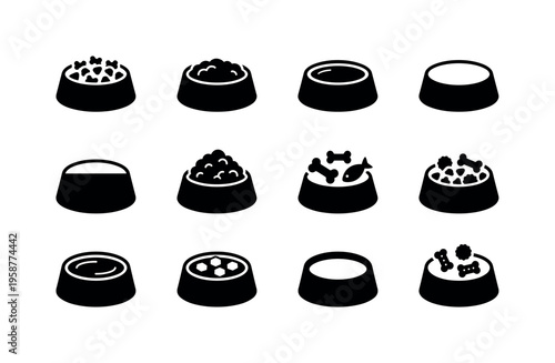 Collection of twelve black and white icons representing various pet food bowls
