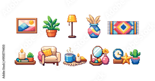 Cozy pixel art collection of home decor items and furniture for a warm atmosphere