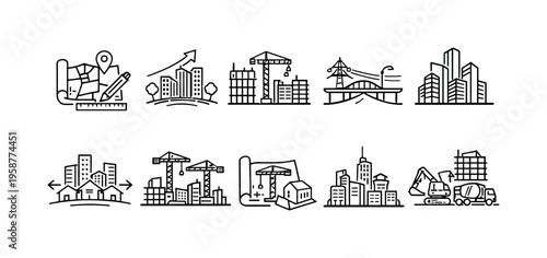 Set of line art icons representing urban development and construction projects