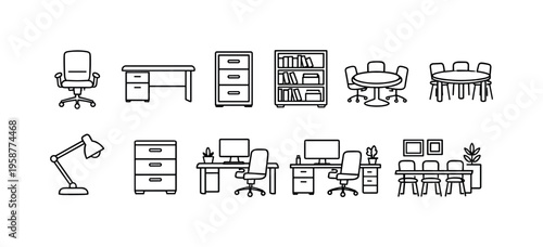 Collection of simple line art icons representing office furniture and workspace elements