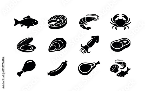 Collection of fresh food icons including seafood, meat, and poultry