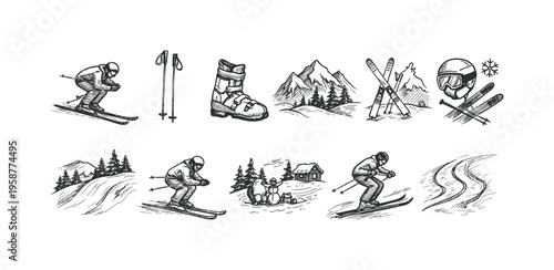 Collection of hand-drawn winter sport illustrations for skiing and snowboarding enthusiasts