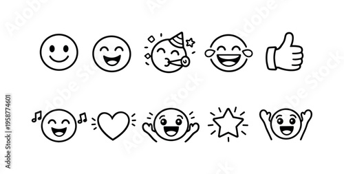 Collection of happy and celebratory emoji icons and symbols in a simple line art style