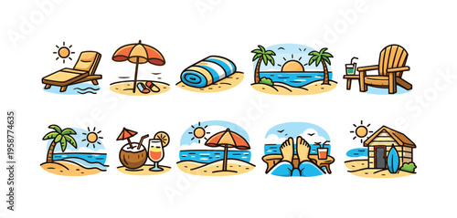 Collection of cute cartoon beach vacation icons and illustrations