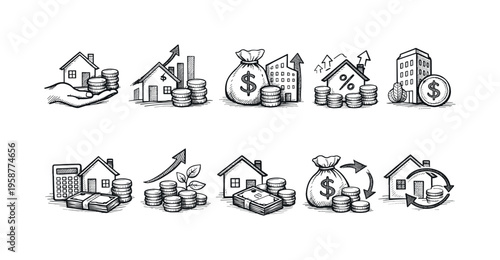 Collection of hand-drawn icons illustrating property investment and financial growth concepts
