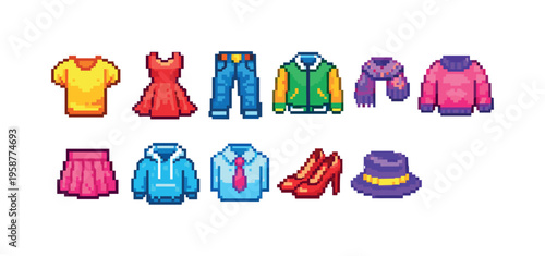 Pixel art collection of colorful clothing and accessories for digital design