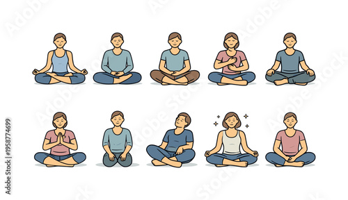 Diverse group of people meditating in various yoga poses for relaxation and mindfulness