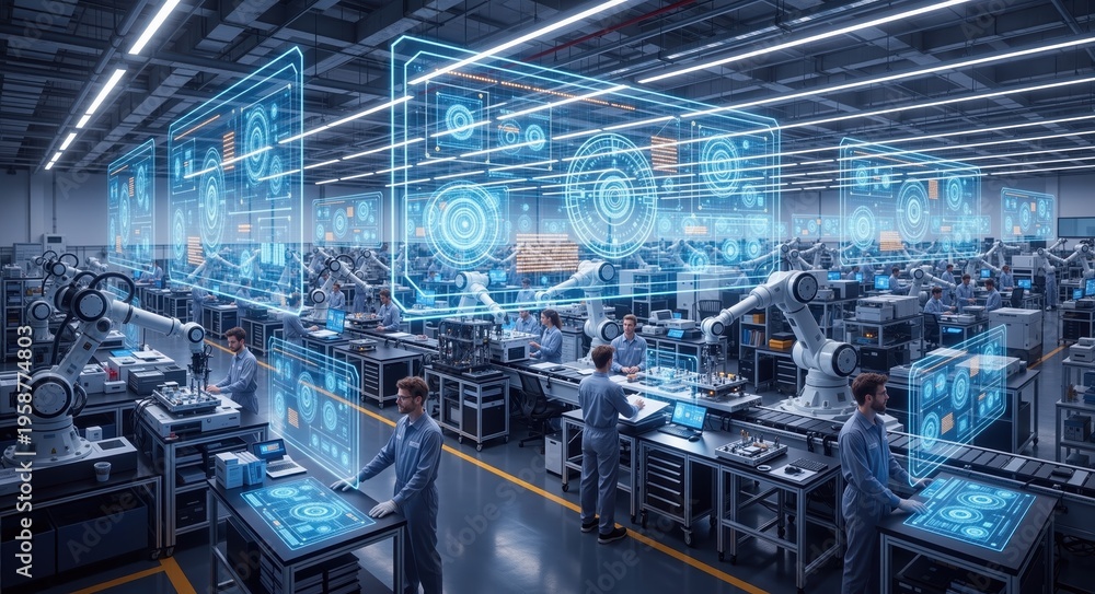 Fototapeta premium High-tech assembly line with robotic arms and engineers. Smart manufacturing plant with ai augmented reality data overlays
