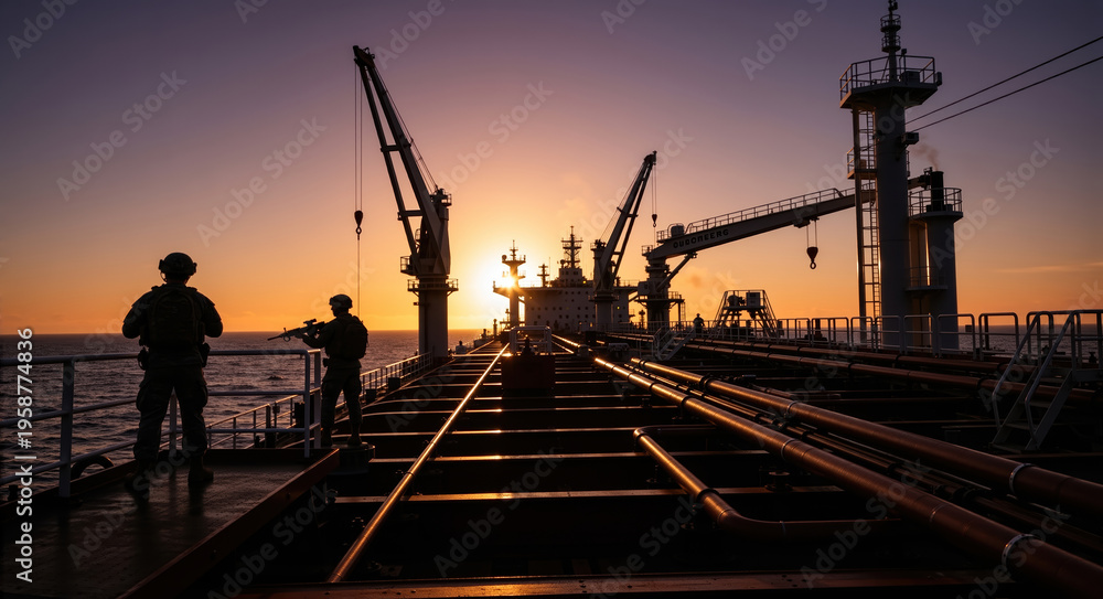 Fototapeta premium Silhouetted soldiers patrolling ship deck at sunset. Maritime security guards with rifles on oil tanker. Anti-piracy concept