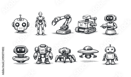 Collection of diverse robot illustrations in a charming hand-drawn sketch style