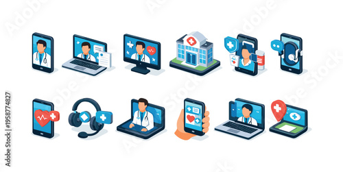 Digital healthcare and telemedicine icons showing doctors on screens and medical services