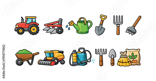 Collection of cartoon farming equipment and tools for agriculture and gardening