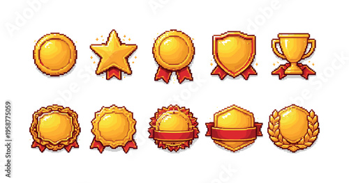 Collection of pixel art golden badges and awards with red ribbons and laurels