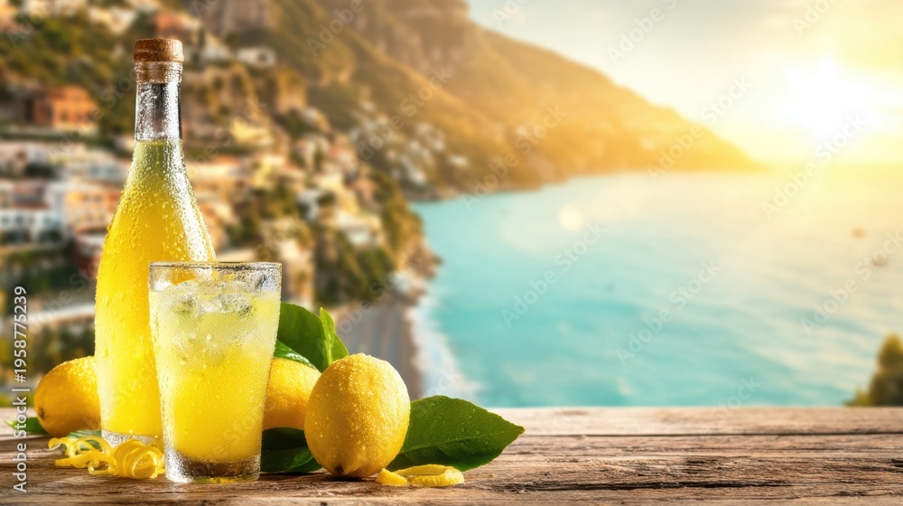 Obraz premium Traditional italian limoncello bottle with glass and fresh lemons on wooden table over sea background