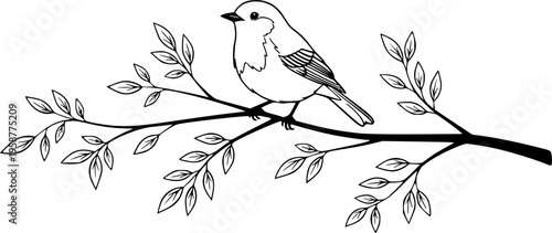 A small bird perched gracefully on a tree branch with delicate leaves