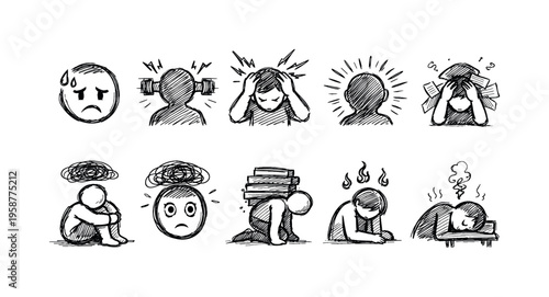 Collection of hand-drawn icons illustrating various states of stress and mental distress