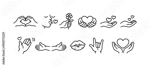 Collection of hand gestures and symbols representing love, affection, and communication