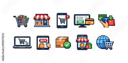 Pixel art icons representing online shopping and e-commerce concepts