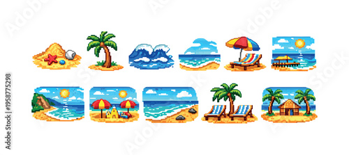Pixel art collection of tropical beach scenes and seaside elements for summer vacation