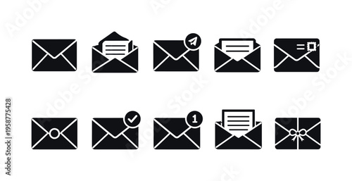 Collection of black envelope icons representing various email and postal communication statuses