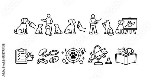 Collection of line art icons depicting dog training and pet care activities