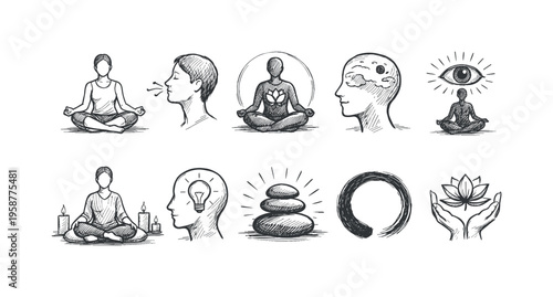 Collection of hand-drawn icons representing mindfulness, meditation, and inner peace concepts
