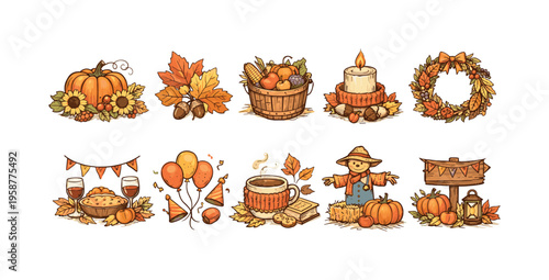 Collection of charming autumn harvest and celebration illustrations
