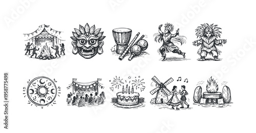 Collection of diverse cultural and celebratory icons in a sketch art style