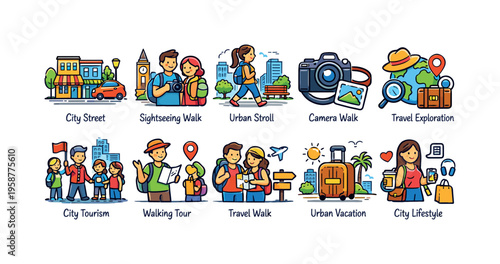 Diverse collection of cartoon travel and city exploration activities