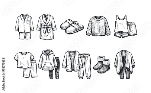 Collection of cozy home wear and loungewear illustrations in sketch style