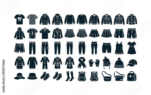 Collection of casual clothing and accessories icons for children and teens