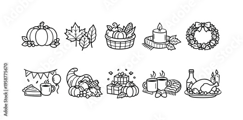 Collection of hand-drawn icons celebrating autumn harvest and holiday traditions