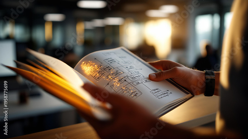 Beautifully lit close up of anonymous hands holding open a large white hardbound notebook whose pages show dense hand drawn system architecture diagrams in fine black line boxes