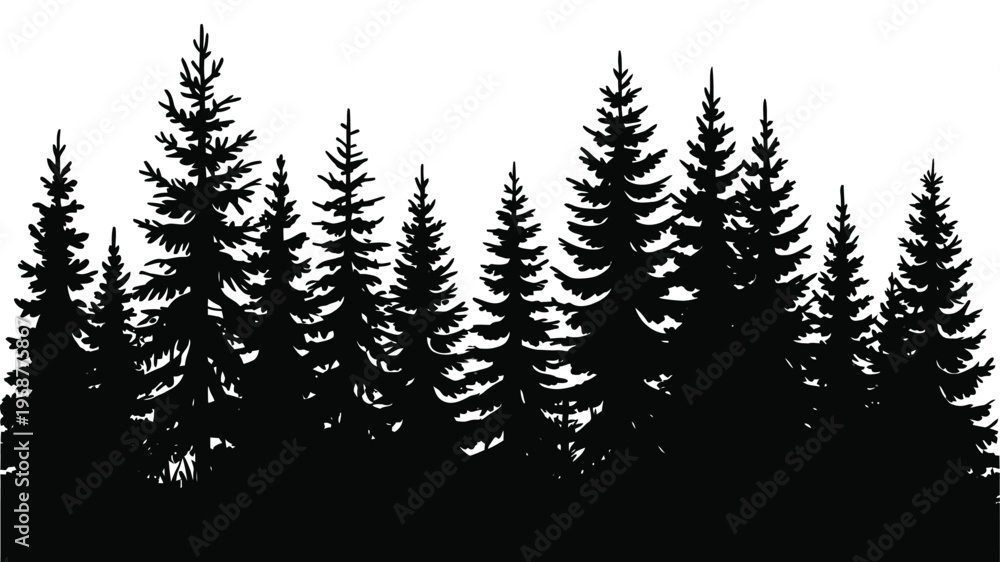 Obraz premium Fir Tree Silhouette Set Featuring Forest Landscape Elements Isolated on White Background for Nature Design, Evergreen Trees, Woodland Scene and Minimalist Vector Illustration