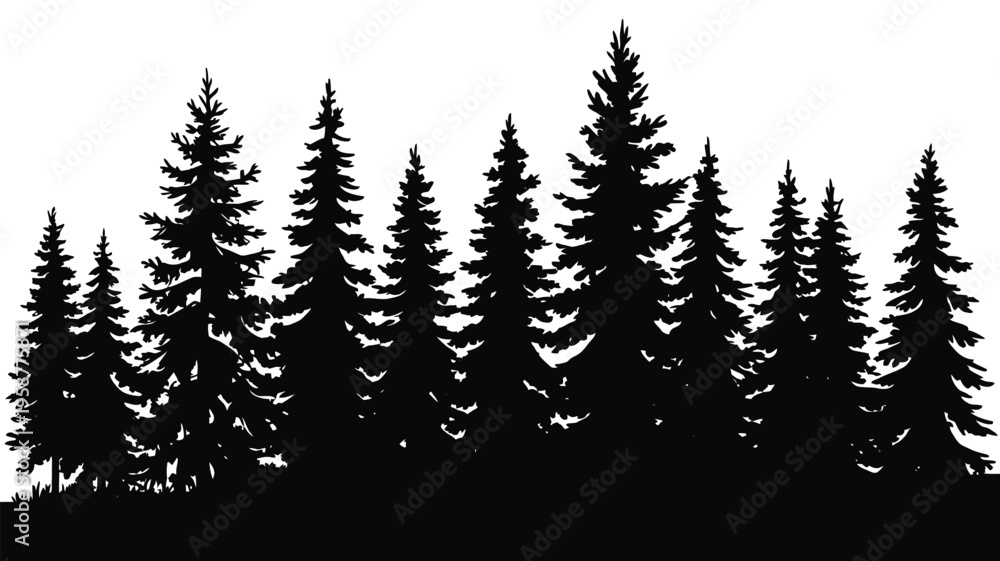 Fototapeta premium Fir Tree Silhouette Set Featuring Forest Landscape Elements Isolated on White Background for Nature Design, Evergreen Trees, Woodland Scene and Minimalist Vector Illustration