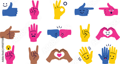 Collection of Diverse Hand Gestures and Emojis Conveying Various Emotions and Expressions, Including Thumbs Up, Peace Signs, and Heart Shapes